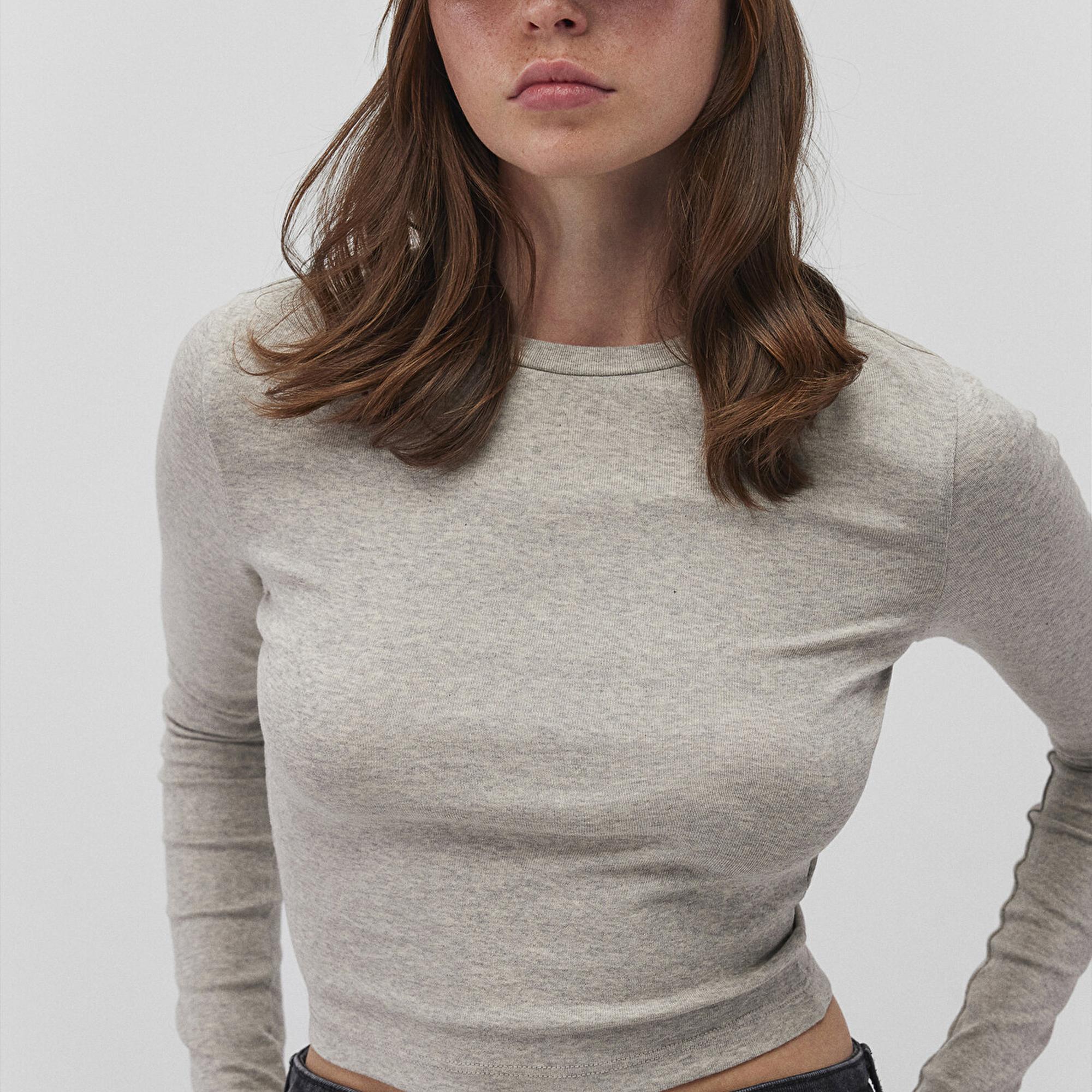 Mavi Uzun Kollu Gri Crop Basic Tişört Crop / Kısa Kesim 1612822-88467