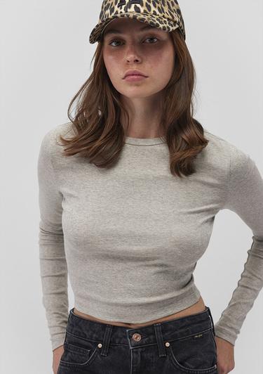  Mavi Uzun Kollu Gri Crop Basic Tişört Crop / Kısa Kesim 1612822-88467