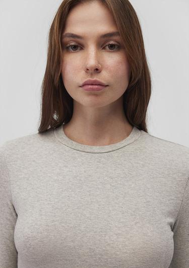  Mavi Uzun Kollu Gri Crop Basic Tişört Crop / Kısa Kesim 1612822-88467