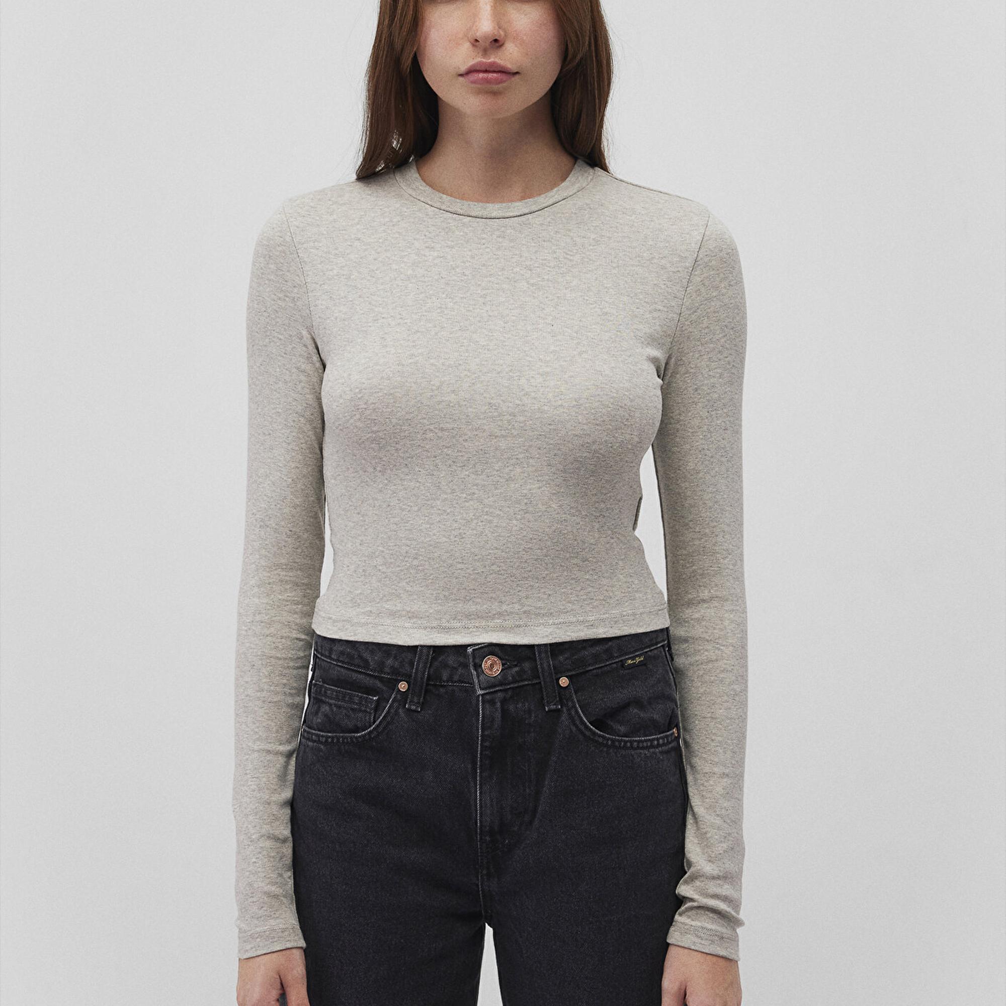 Mavi Uzun Kollu Gri Crop Basic Tişört Crop / Kısa Kesim 1612822-88467