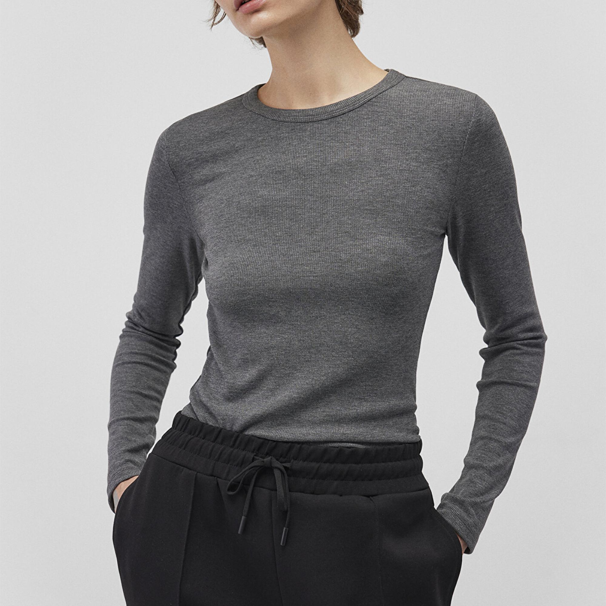 Mavi Uzun Kollu Gri Basic Tişört Fitted / Vücuda Oturan Kesim 1612817-83096