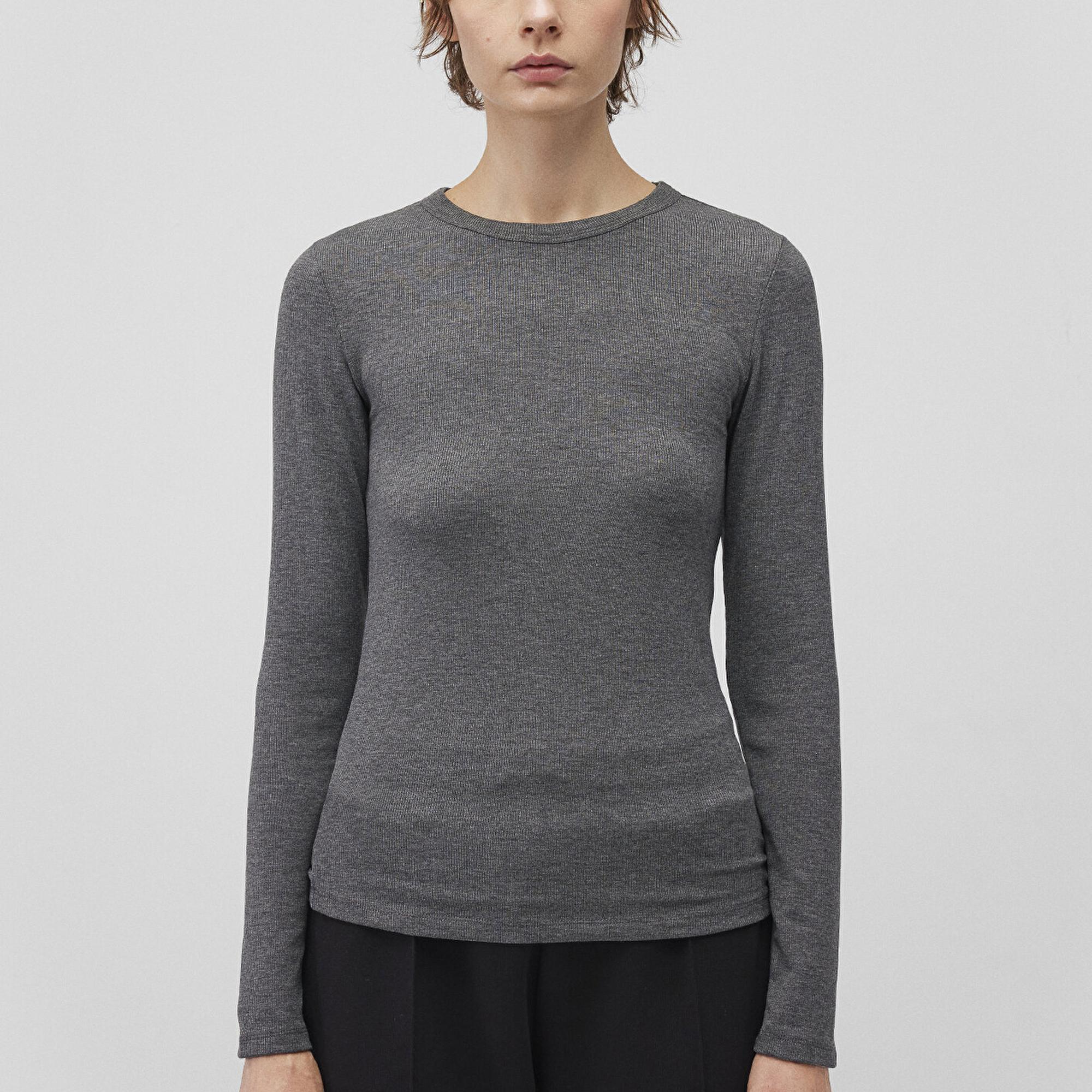 Mavi Uzun Kollu Gri Basic Tişört Fitted / Vücuda Oturan Kesim 1612817-83096