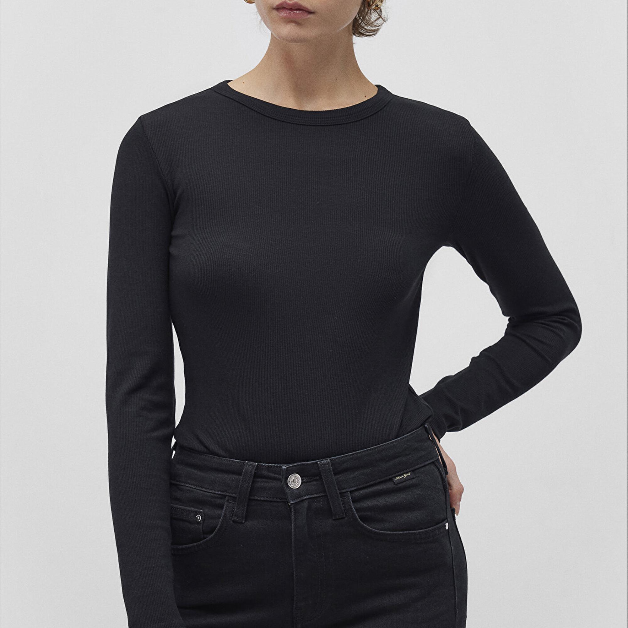 Mavi Uzun Kollu Siyah Basic Tişört Fitted / Vücuda Oturan Kesim 1612817-900