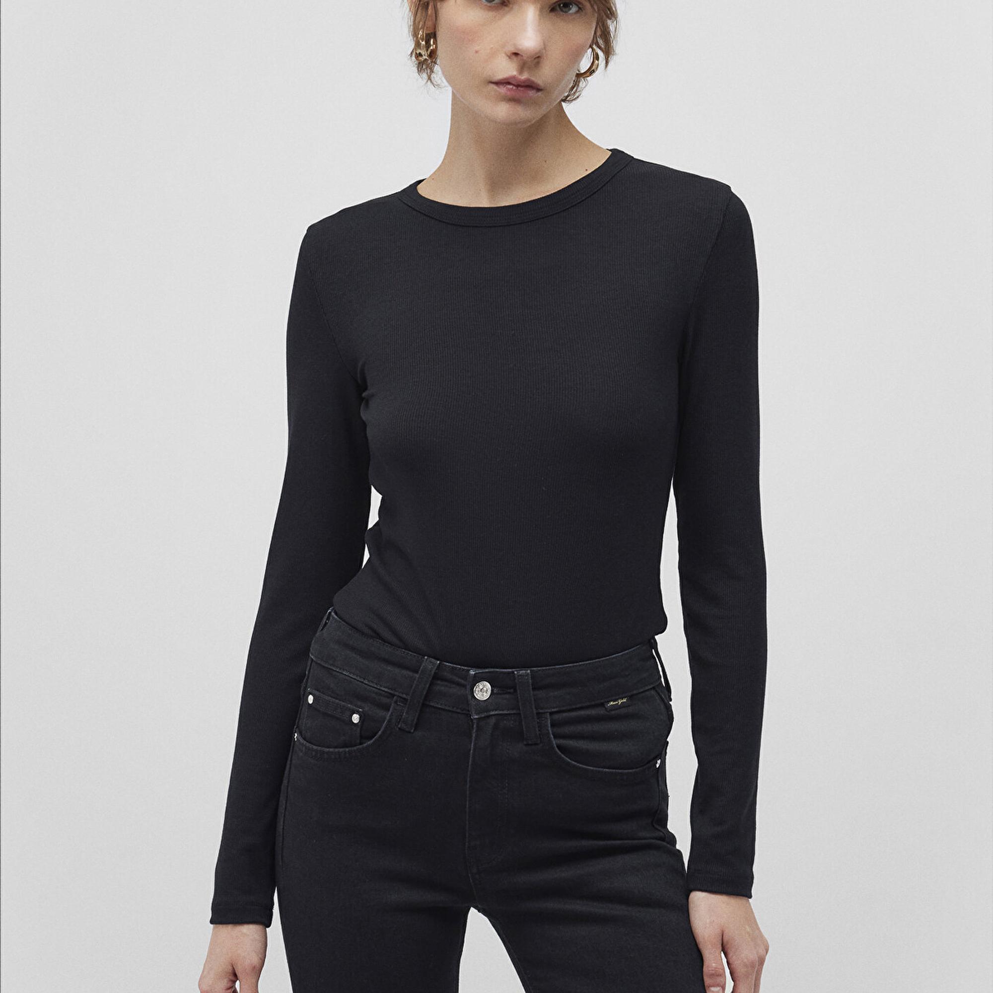 Mavi Uzun Kollu Siyah Basic Tişört Fitted / Vücuda Oturan Kesim 1612817-900