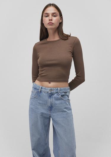 Mavi Uzun Kollu Kahverengi Crop Basic Tişört Crop / Kısa Kesim 1612822-81959