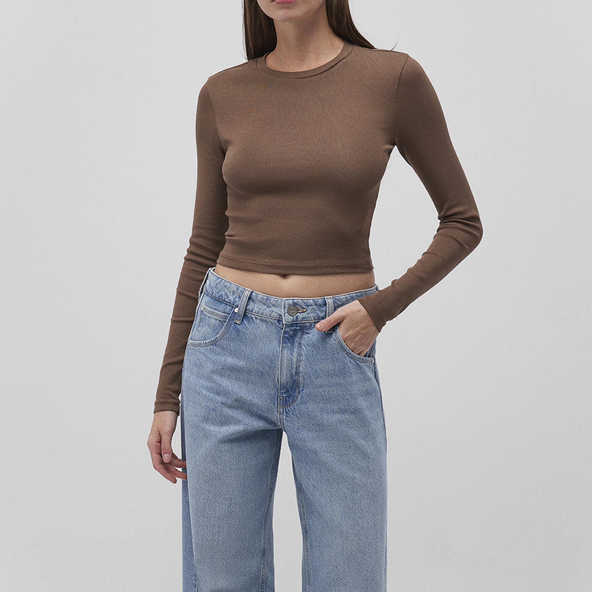 Mavi Uzun Kollu Kahverengi Crop Basic Tişört Crop / Kısa Kesim 1612822-81959