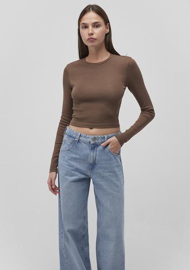  Mavi Uzun Kollu Kahverengi Crop Basic Tişört Crop / Kısa Kesim 1612822-81959