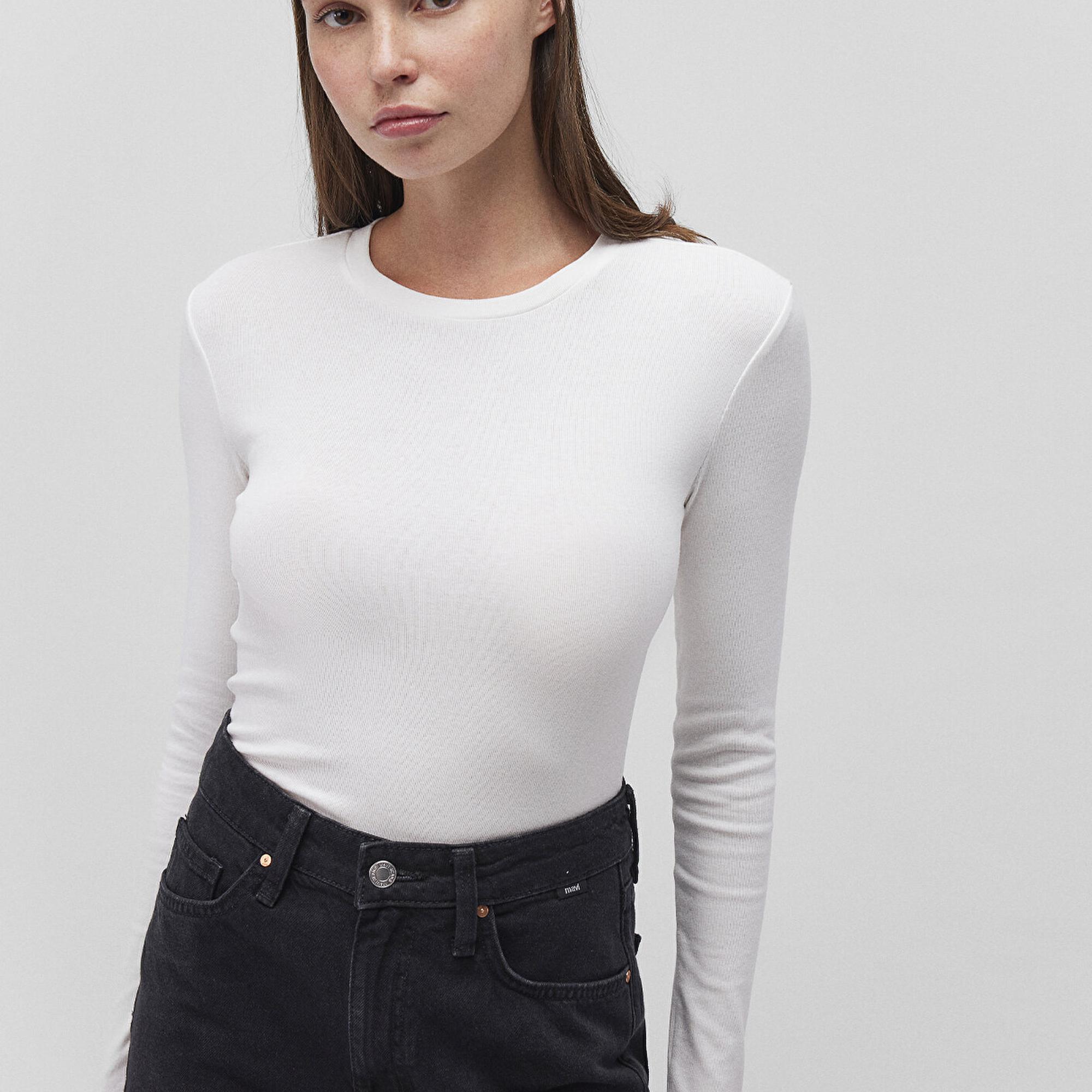 Mavi Uzun Kollu Beyaz Basic Tişört Crop / Kısa Kesim 1612822-70057