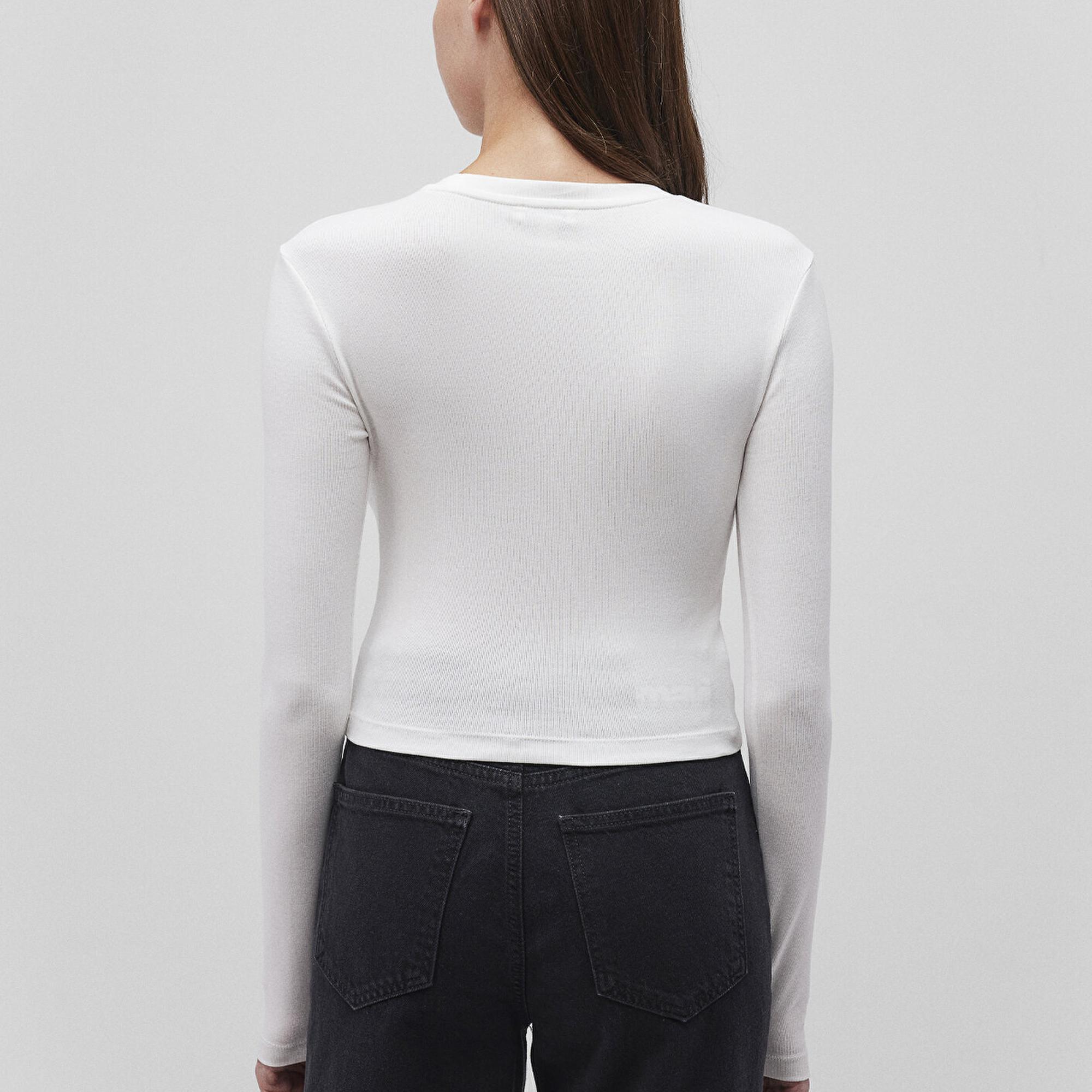 Mavi Uzun Kollu Beyaz Basic Tişört Crop / Kısa Kesim 1612822-70057