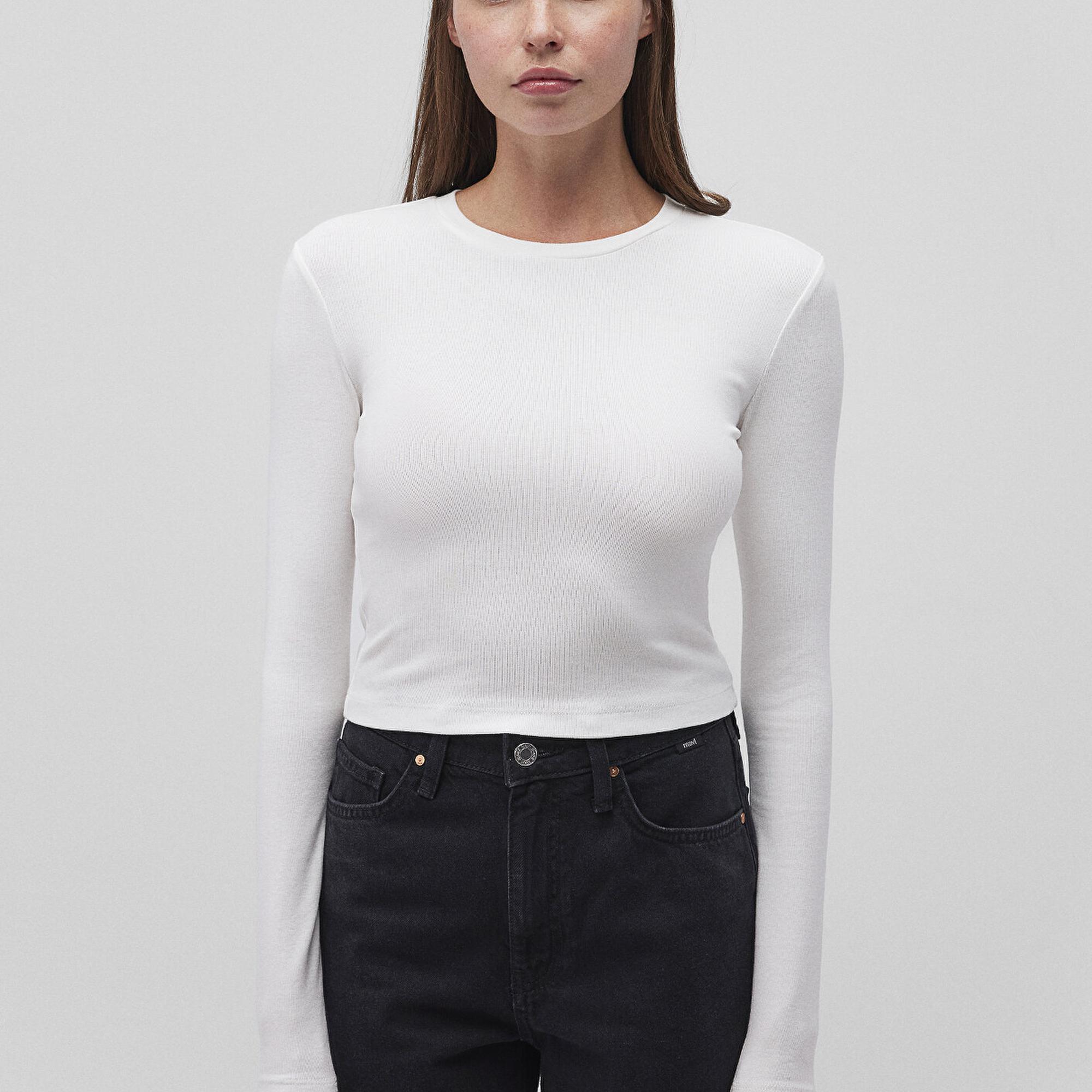 Mavi Uzun Kollu Beyaz Basic Tişört Crop / Kısa Kesim 1612822-70057