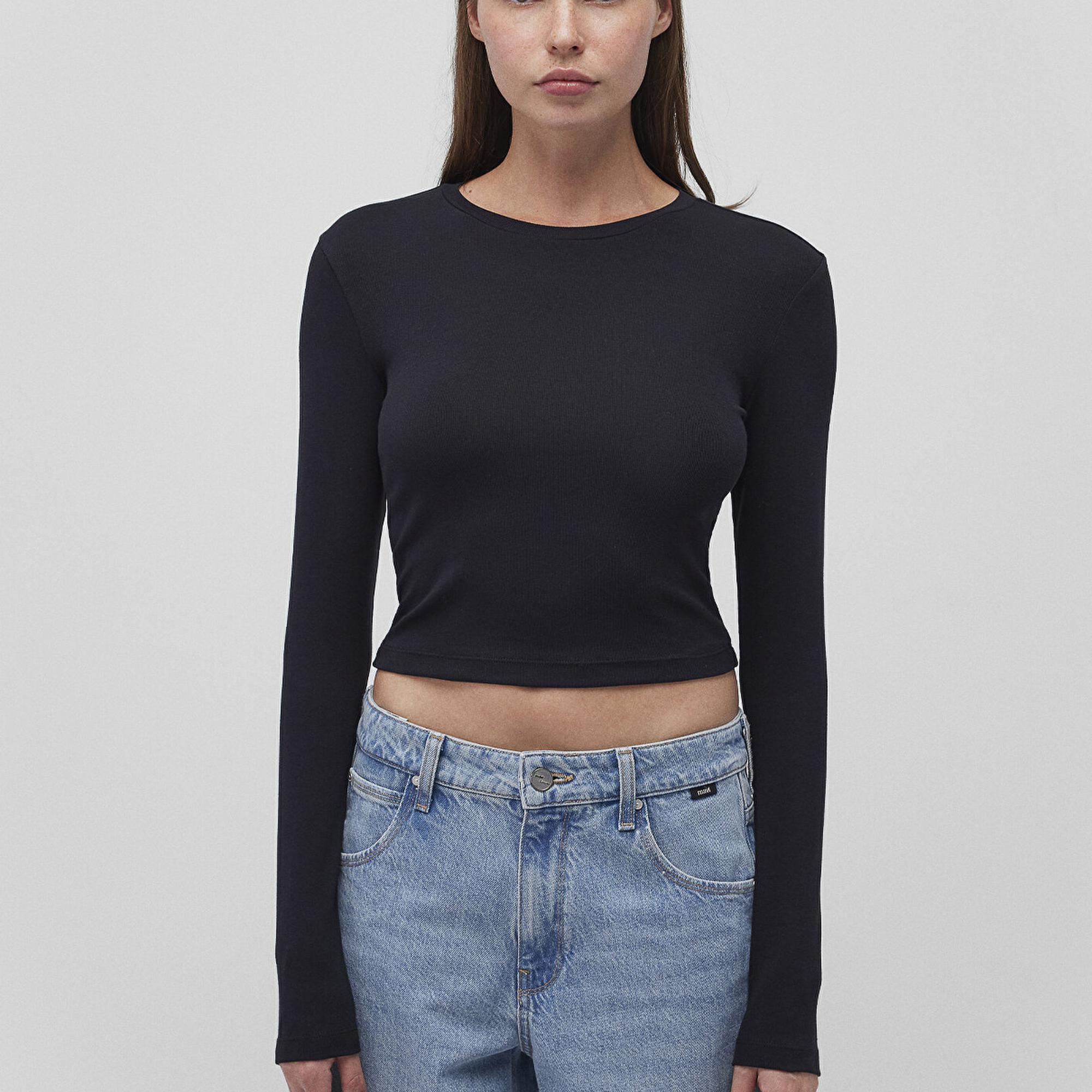 Mavi Uzun Kollu Siyah Basic Tişört Crop / Kısa Kesim 1612822-900