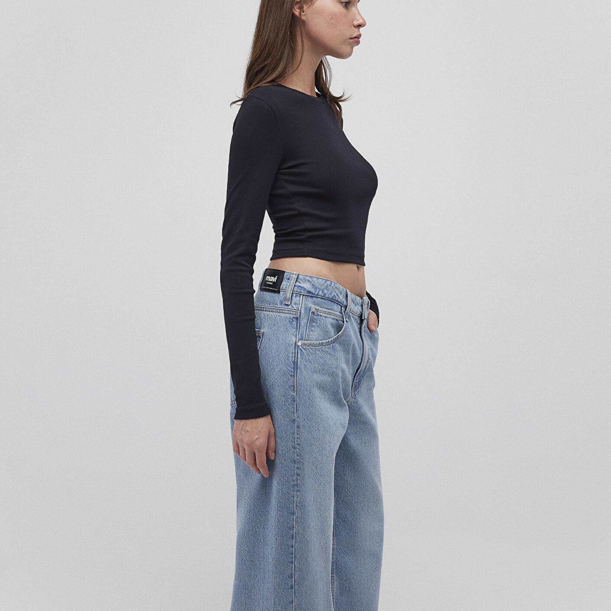 Mavi Uzun Kollu Siyah Basic Tişört Crop / Kısa Kesim 1612822-900