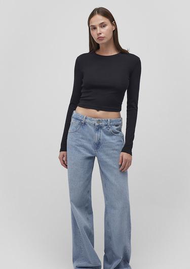  Mavi Uzun Kollu Siyah Basic Tişört Crop / Kısa Kesim 1612822-900