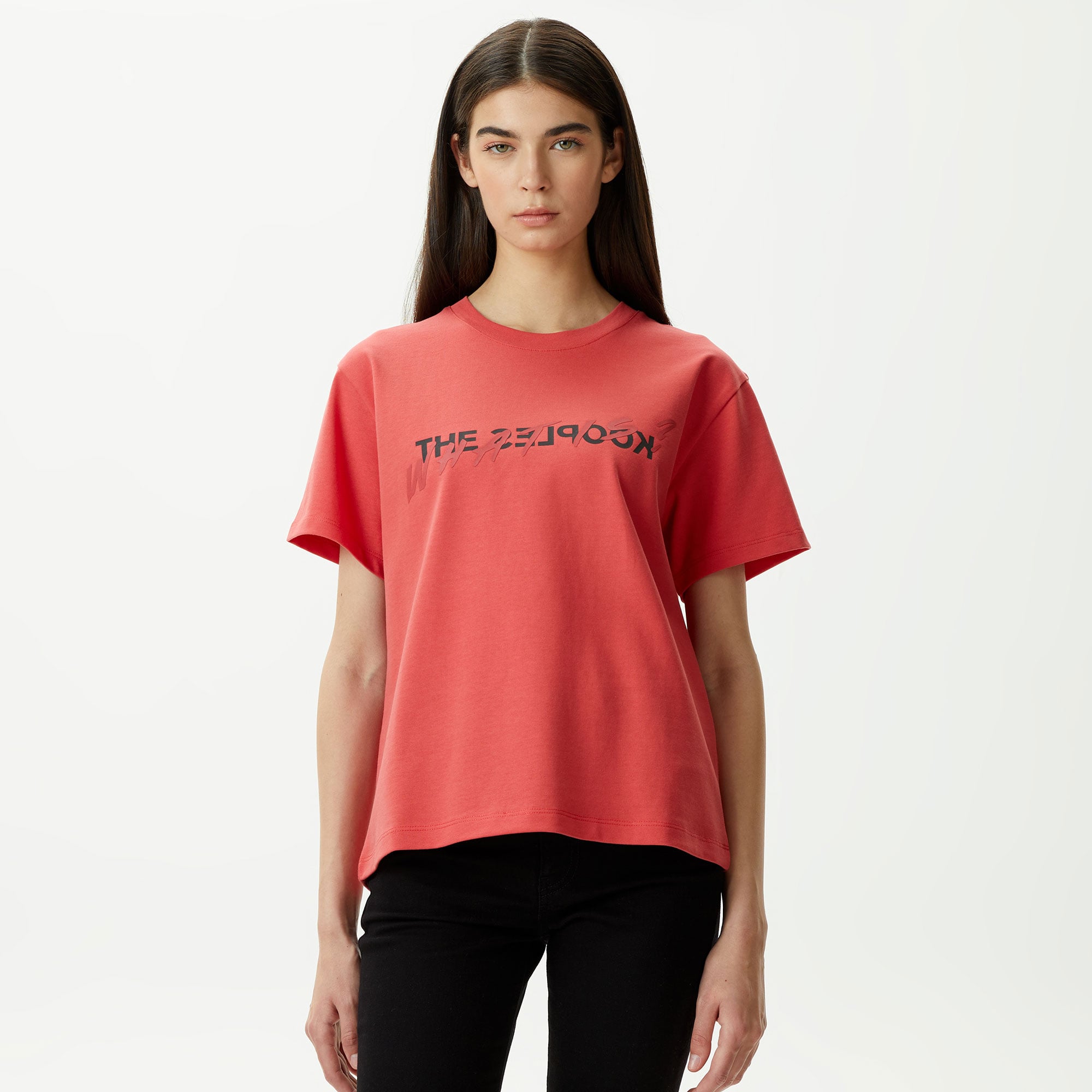  KADIN BASKILI BİSİKLET YAKA KIRMIZI T-SHIRT