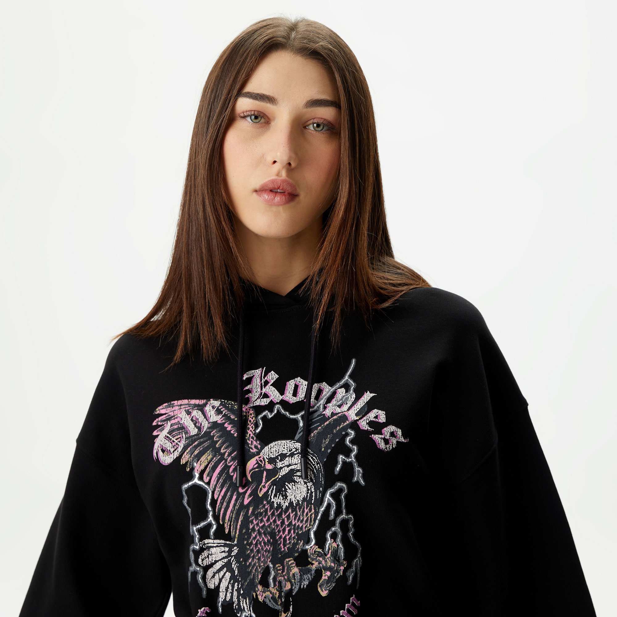 KADIN BASKILI KAPÜŞONLU SİYAH SWEATSHIRT