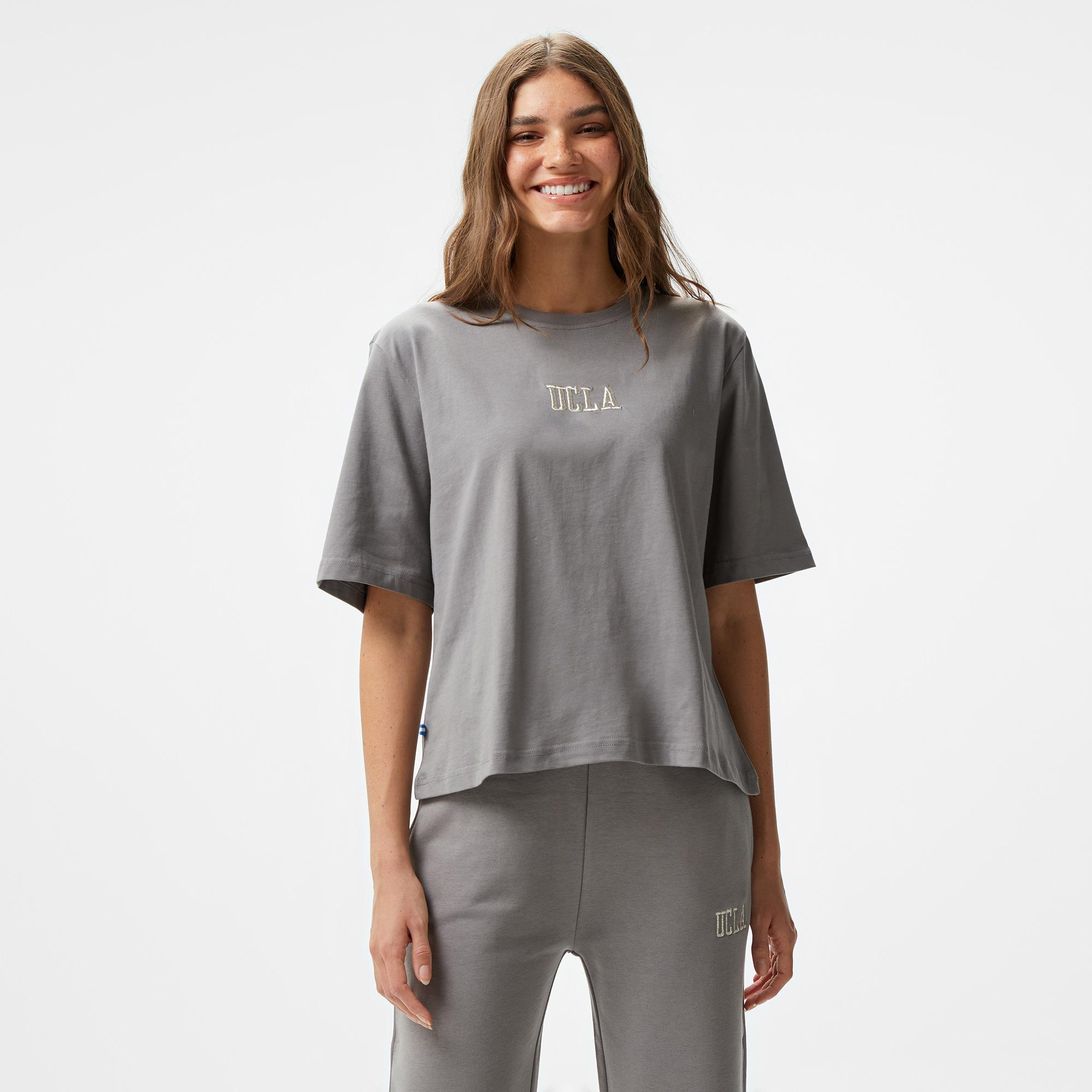 Ucla Manuela Nakışlı Kadın Gri Bisiklet Yaka T-Shirt