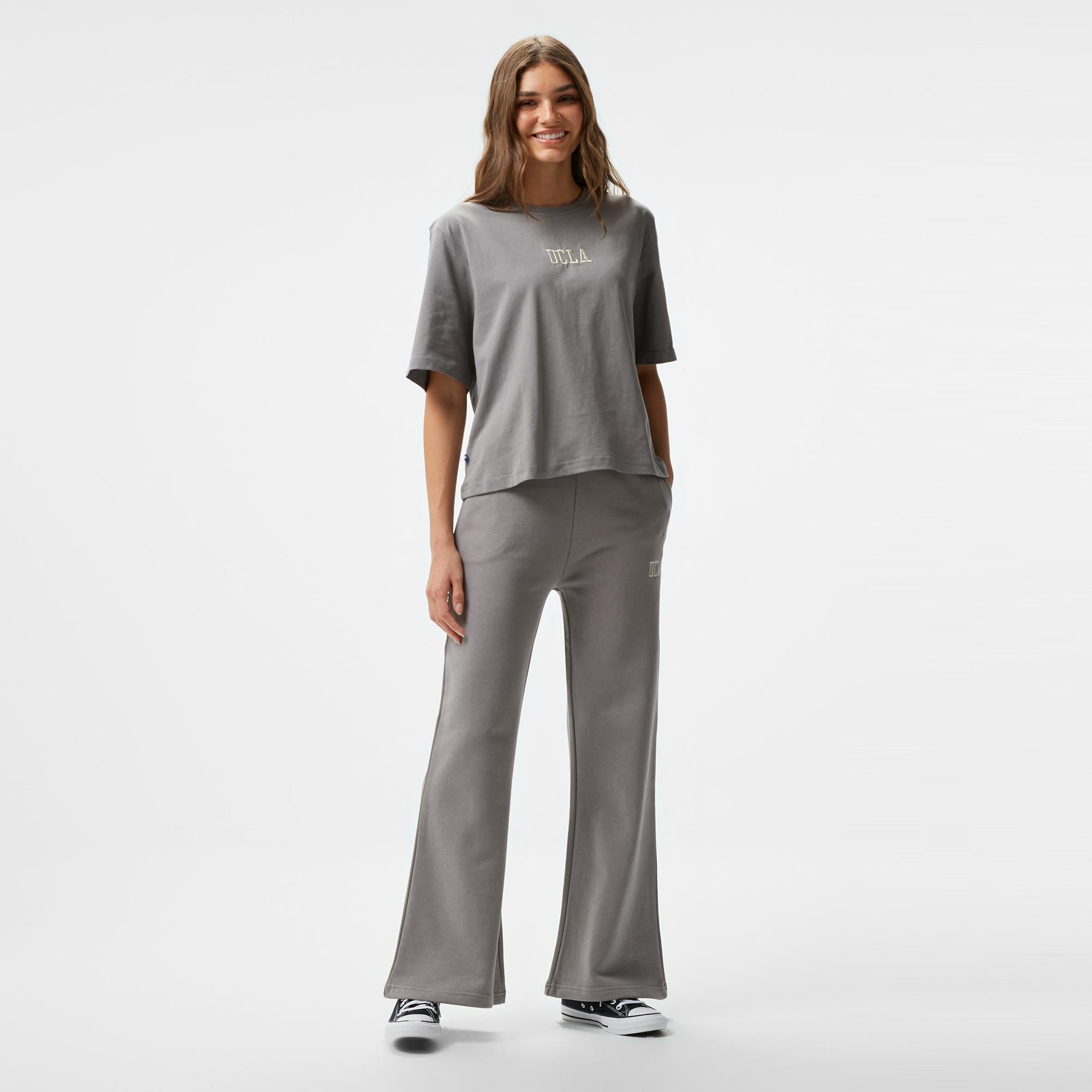 Ucla Manuela Nakışlı Kadın Gri Bisiklet Yaka T-Shirt