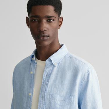  Gant Erkek Mavi Regular Fit Düğmeli Yaka Keten Gömlek