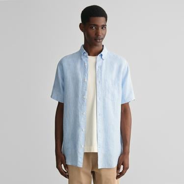  Gant Erkek Mavi Regular Fit Düğmeli Yaka Keten Gömlek