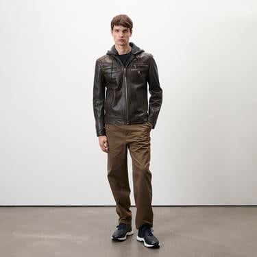  Analu Koyu Kahve Erkek Kapüşonlu Deri Mont