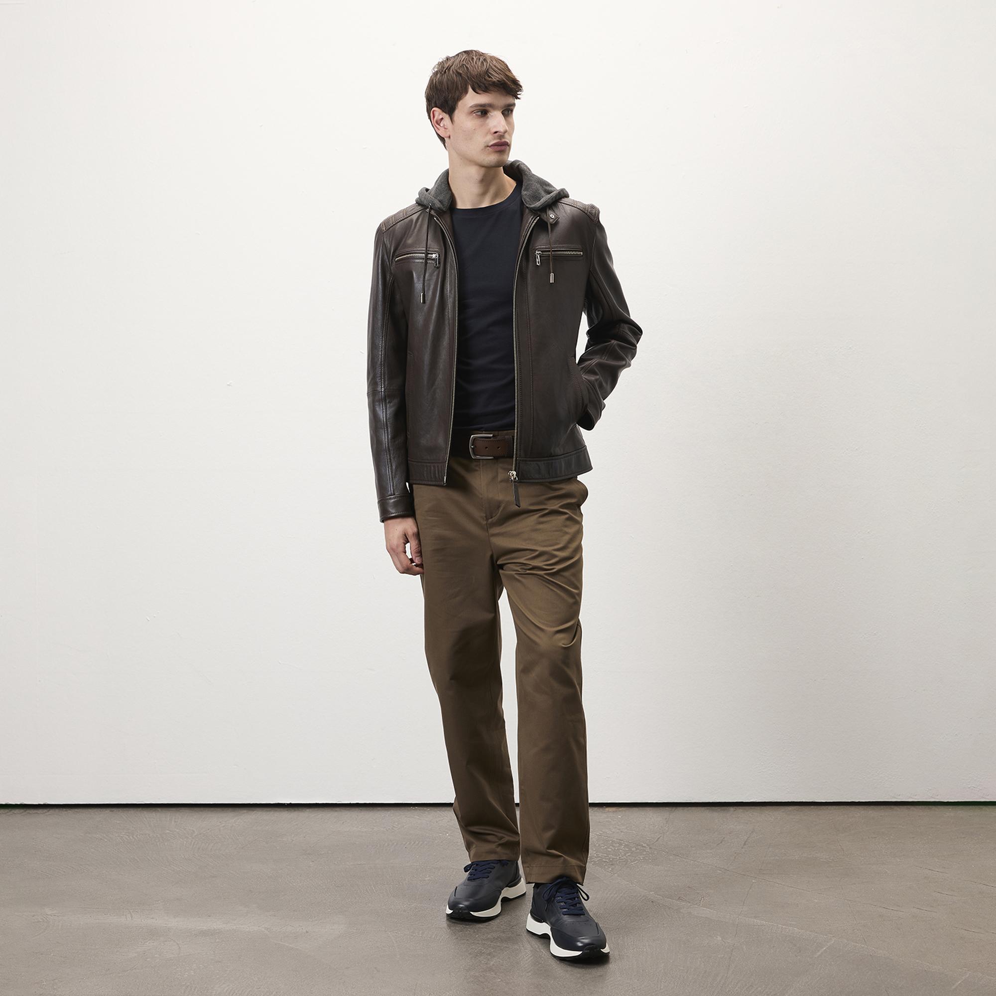 Analu Koyu Kahve Erkek Kapüşonlu Deri Mont