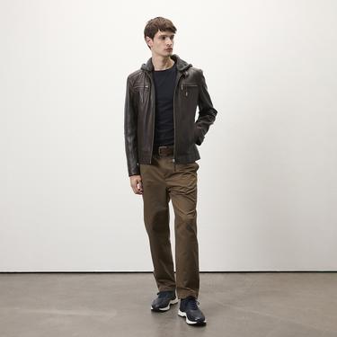  Analu Koyu Kahve Erkek Kapüşonlu Deri Mont