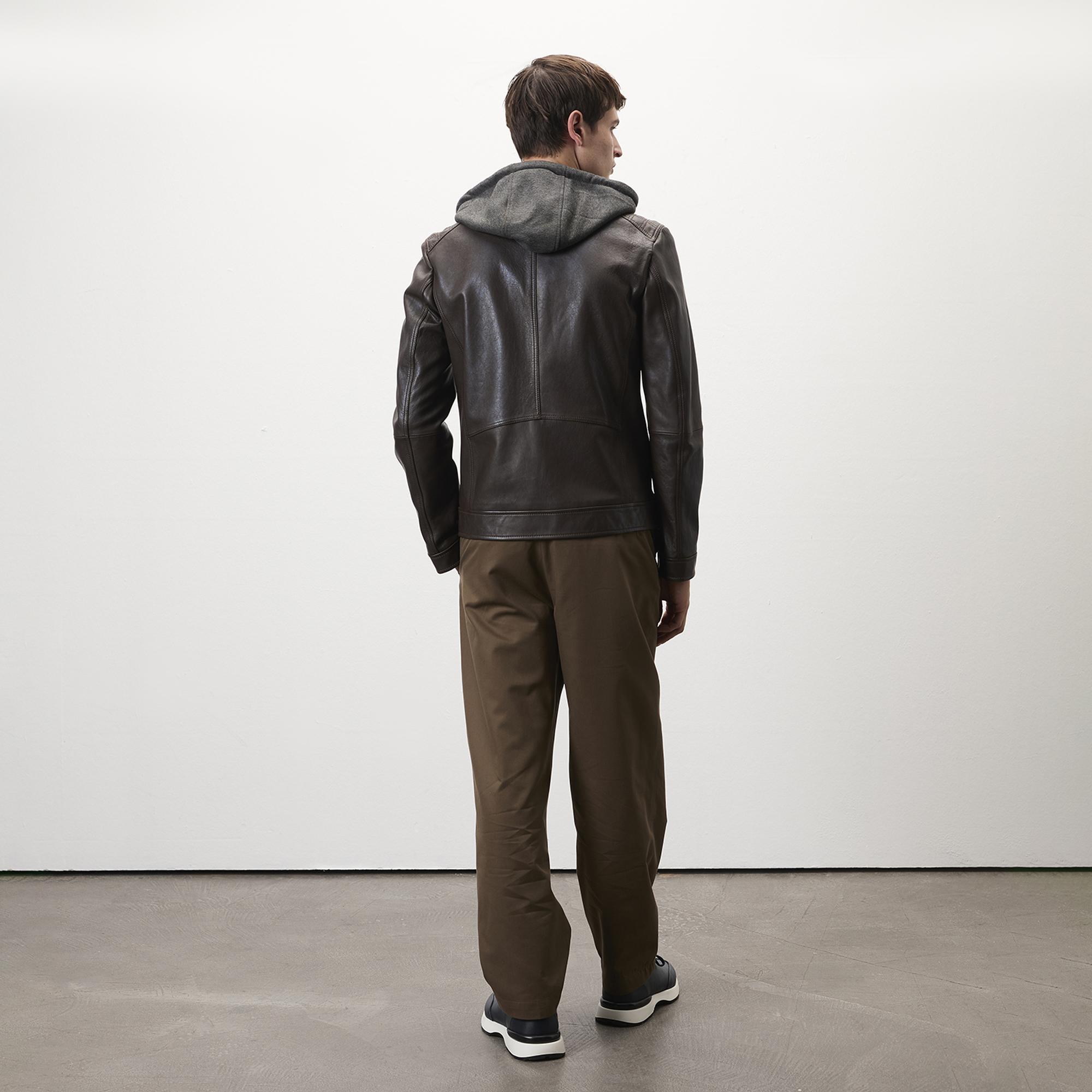 Analu Koyu Kahve Erkek Kapüşonlu Deri Mont