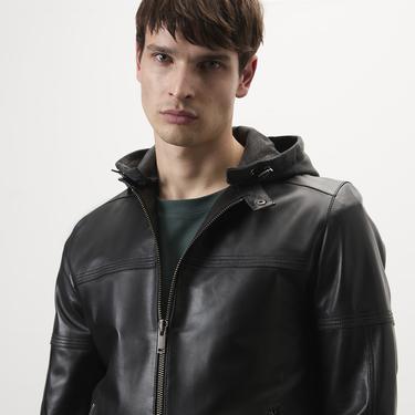  Selino Siyah Erkek Kapüşonlü Deri Mont