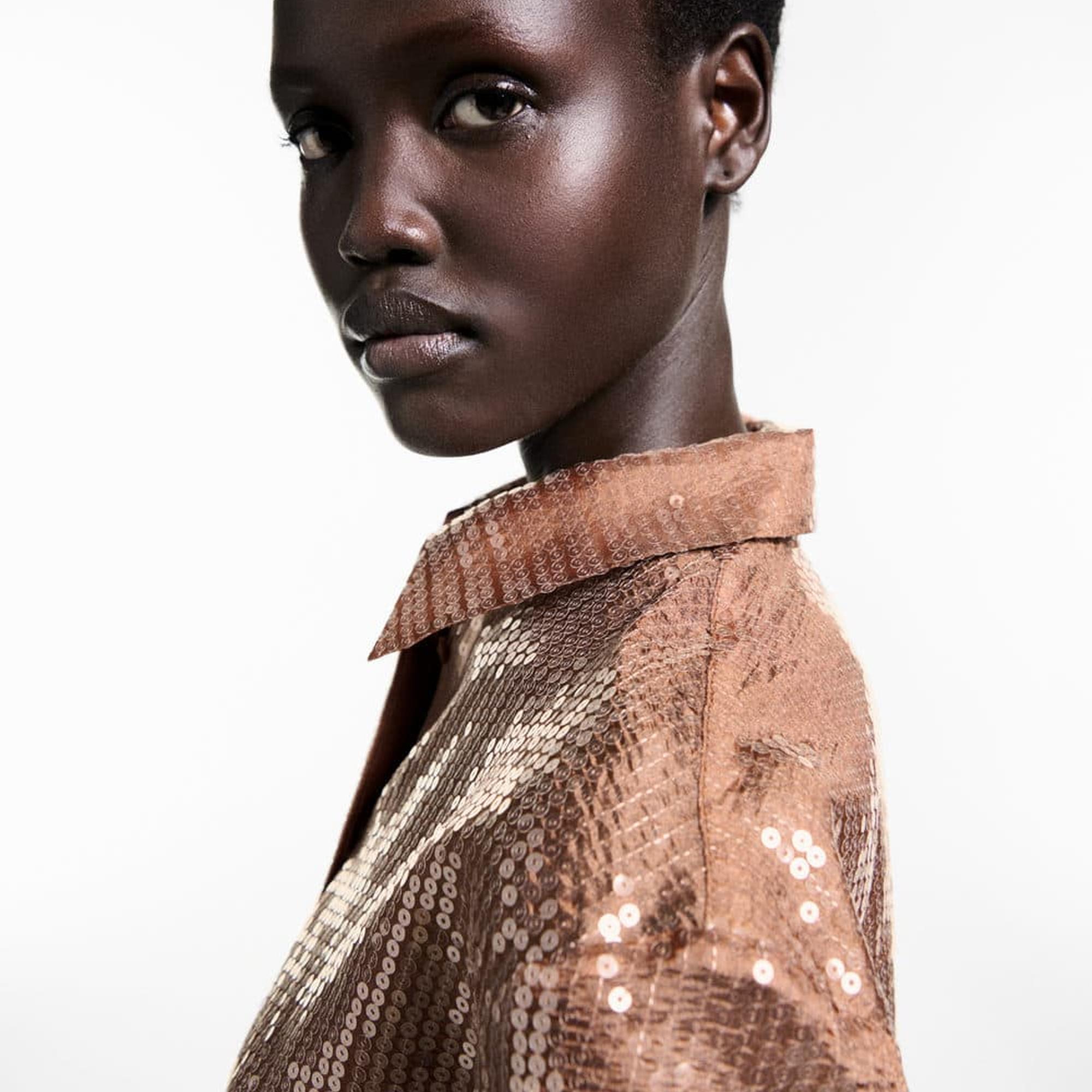 Mango Kadın Yarı Transparan Pullu Gömlek Kahverengi