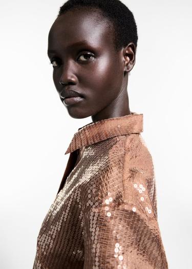  Mango Kadın Yarı Transparan Pullu Gömlek Kahverengi