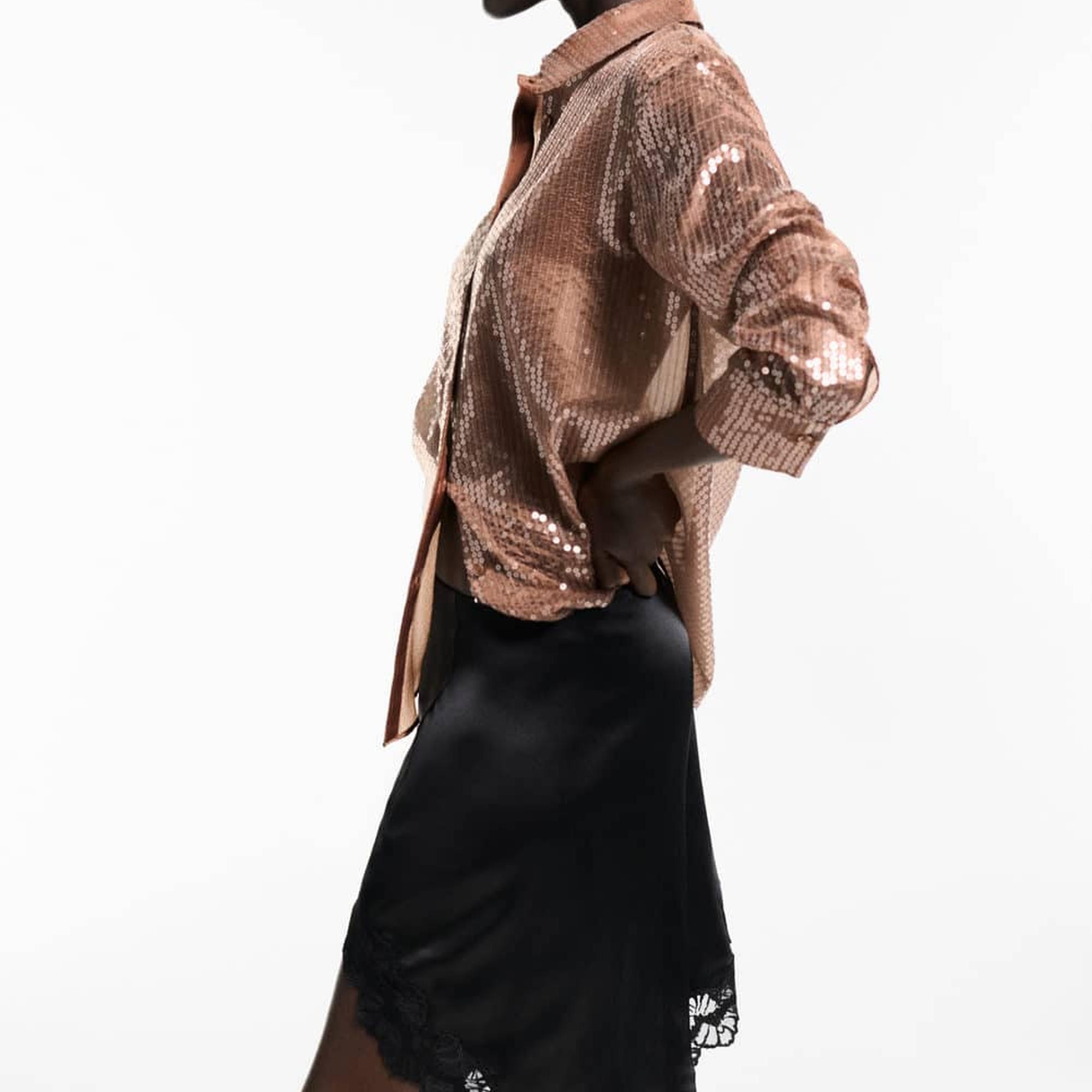 Mango Kadın Yarı Transparan Pullu Gömlek Kahverengi