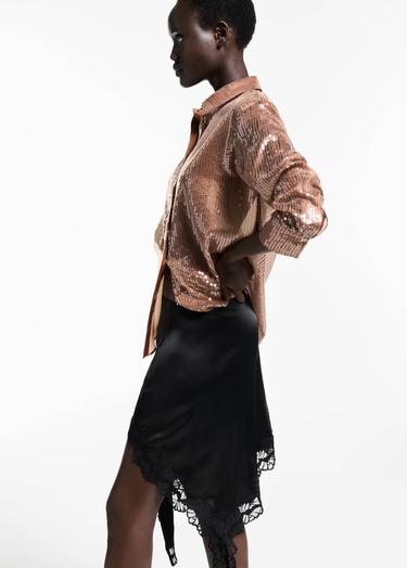  Mango Kadın Yarı Transparan Pullu Gömlek Kahverengi