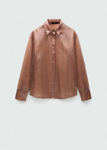  Mango Kadın Yarı Transparan Pullu Gömlek Kahverengi