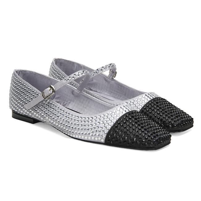  Kadın Gümüş Parlak Taş Detaylı Mary Jane Babet