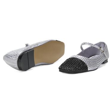  Kadın Gümüş Parlak Taş Detaylı Mary Jane Babet