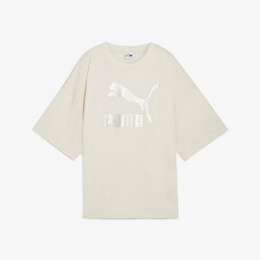  Puma Classics Oversized Logo Kadın Bej T-Shirt