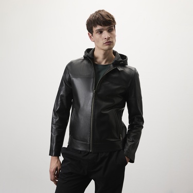  Selino Siyah Erkek Kapüşonlü Deri Mont