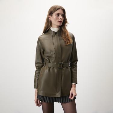  Kelly Yeşil Kadın Deri Trençkot