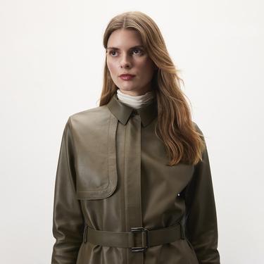  Kelly Yeşil Kadın Deri Trençkot