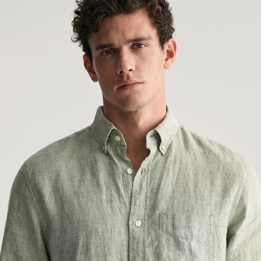  GANT Erkek Yeşil Regular Fit Düğmeli Yaka Keten Gömlek