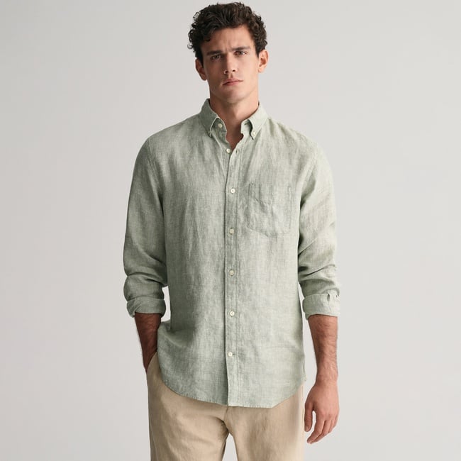  GANT Erkek Yeşil Regular Fit Düğmeli Yaka Keten Gömlek