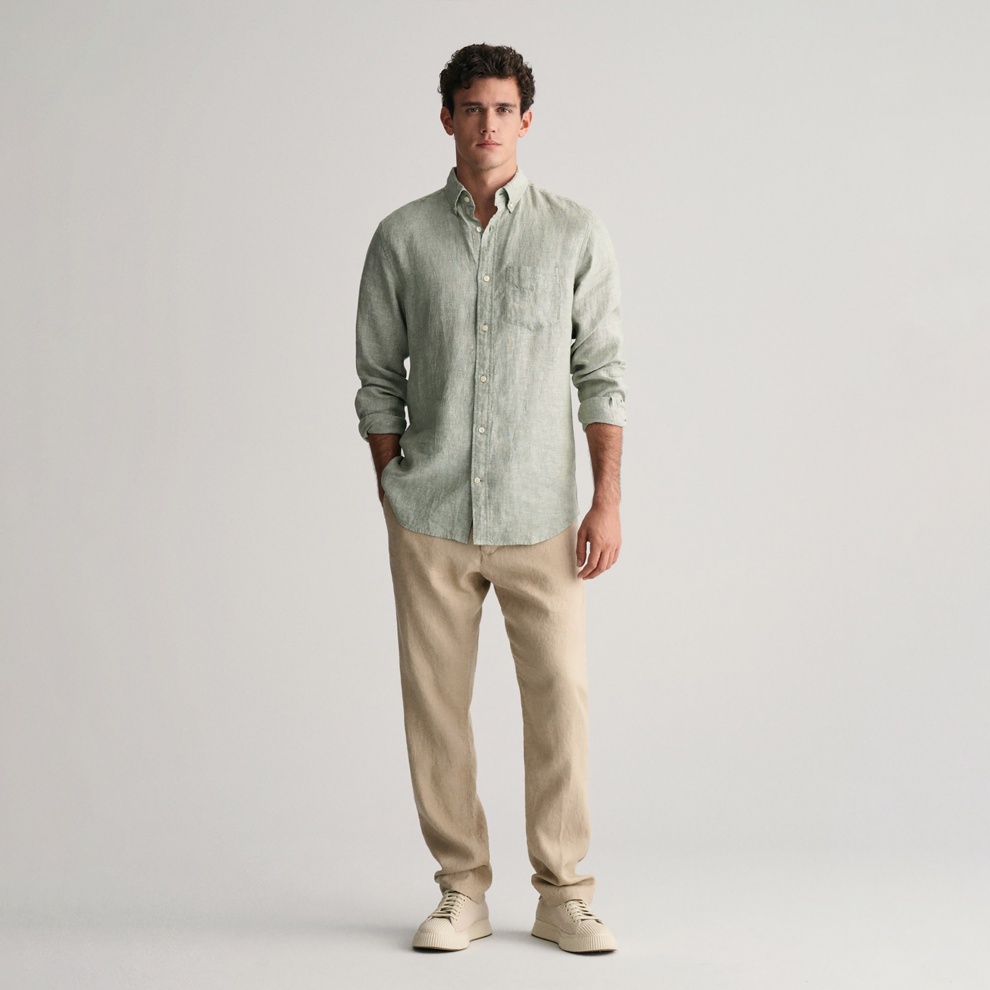 GANT Erkek Yeşil Regular Fit Düğmeli Yaka Keten Gömlek