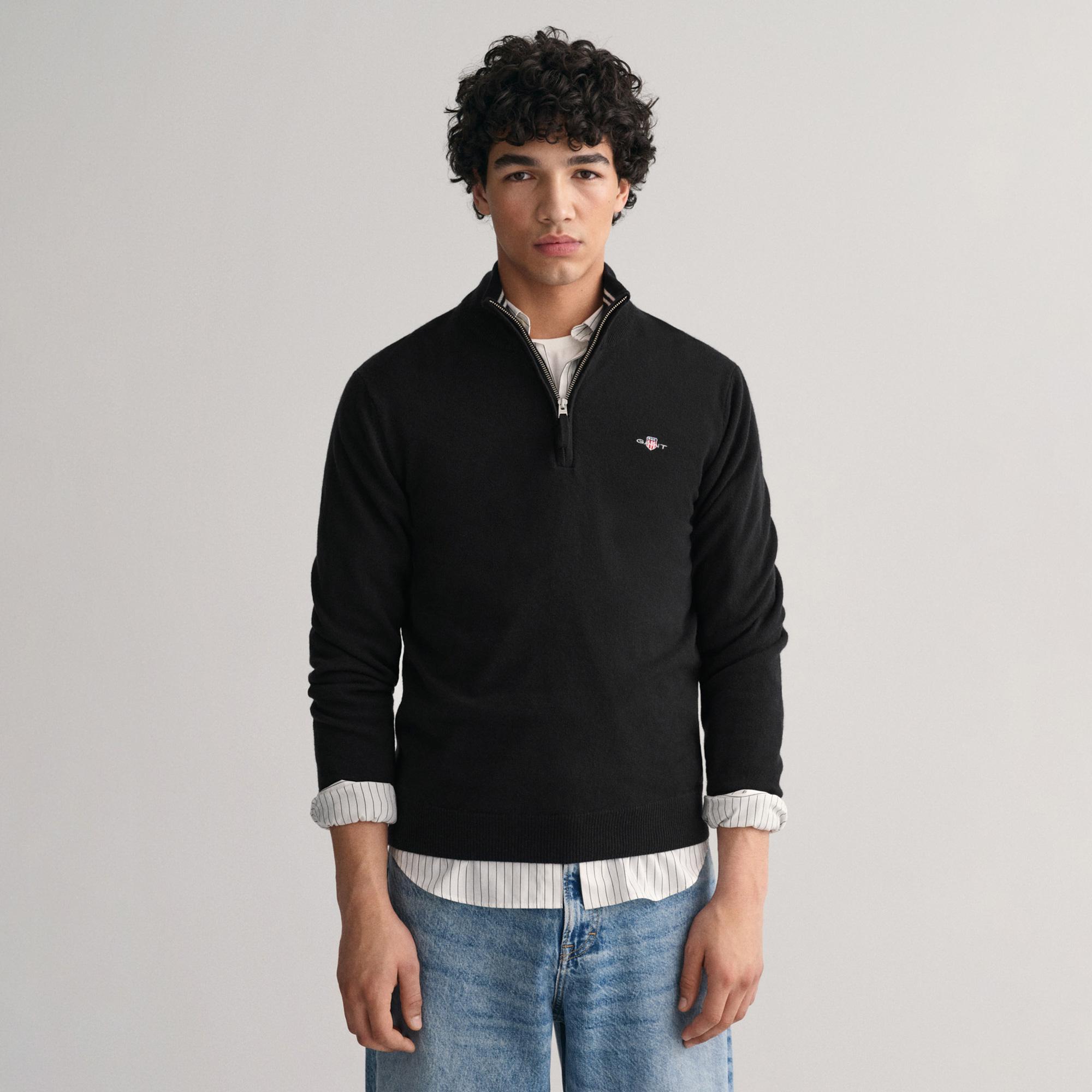 GANT Erkek Siyah Regular Fit Yarım Fermuarlı Yün Kazak