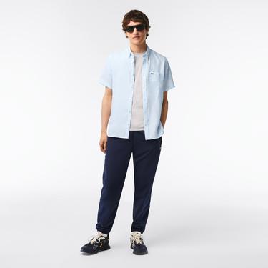  Erkek Regular Fit Kısa Kollu Düğmeli Yaka Keten Açık Mavi Gömlek