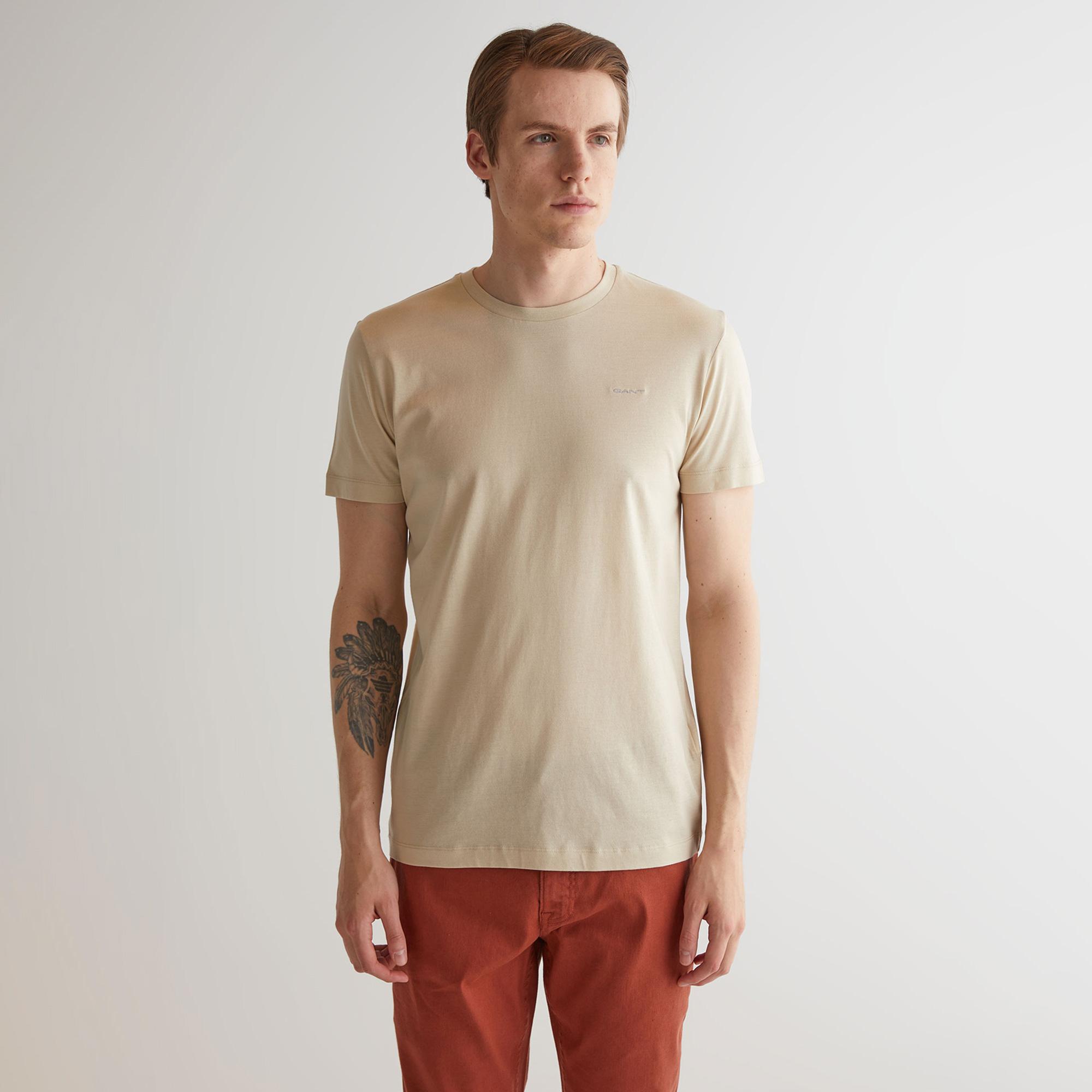 GANT Erkek Bej Slim Fit Bisiklet Yaka Logolu T-shirt