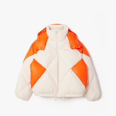  Kadın Oversize Fit Kapüşonlu Renk Bloklu Krem Şişme Mont