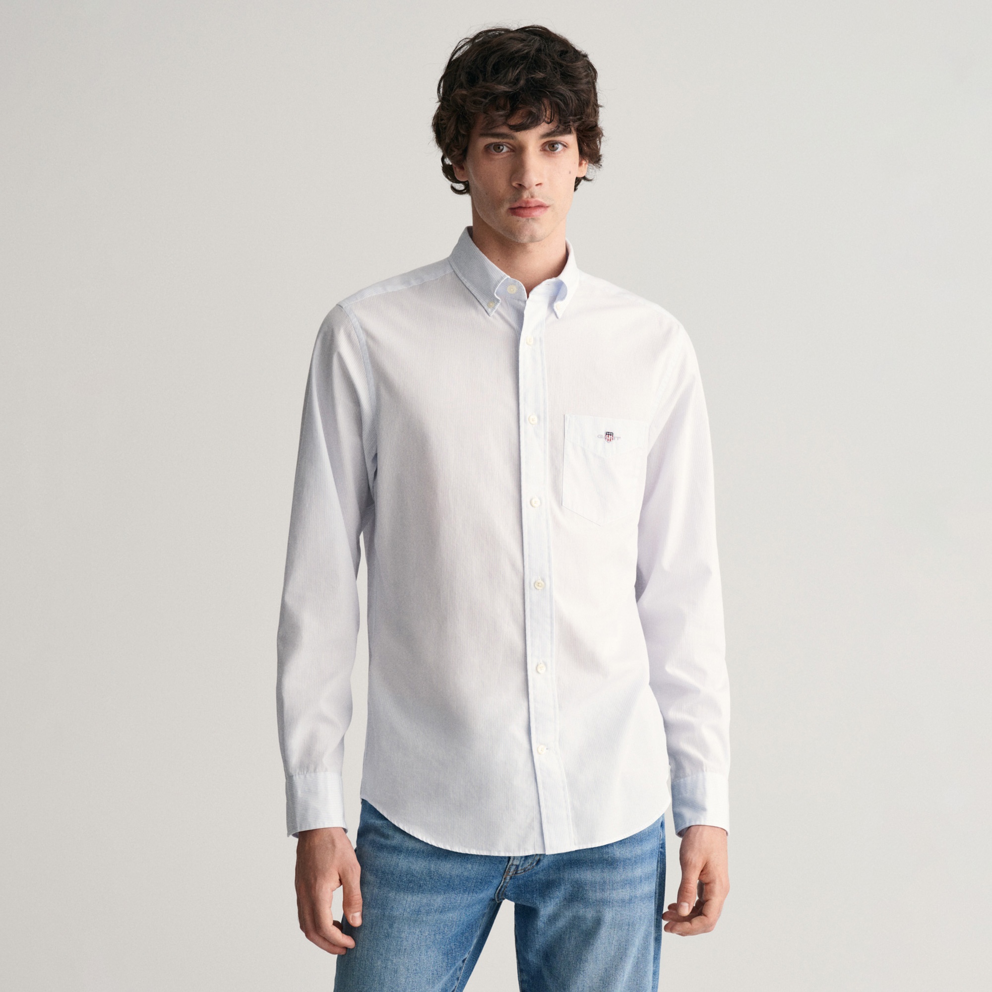 GANT Erkek Mavi Regular Fit Çizgili Düğmeli Yaka Gömlek