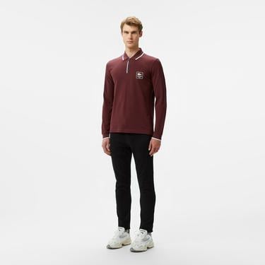  Erkek Regular Fit Uzun Kollu Yarım Fermuarlı Bordo Polo