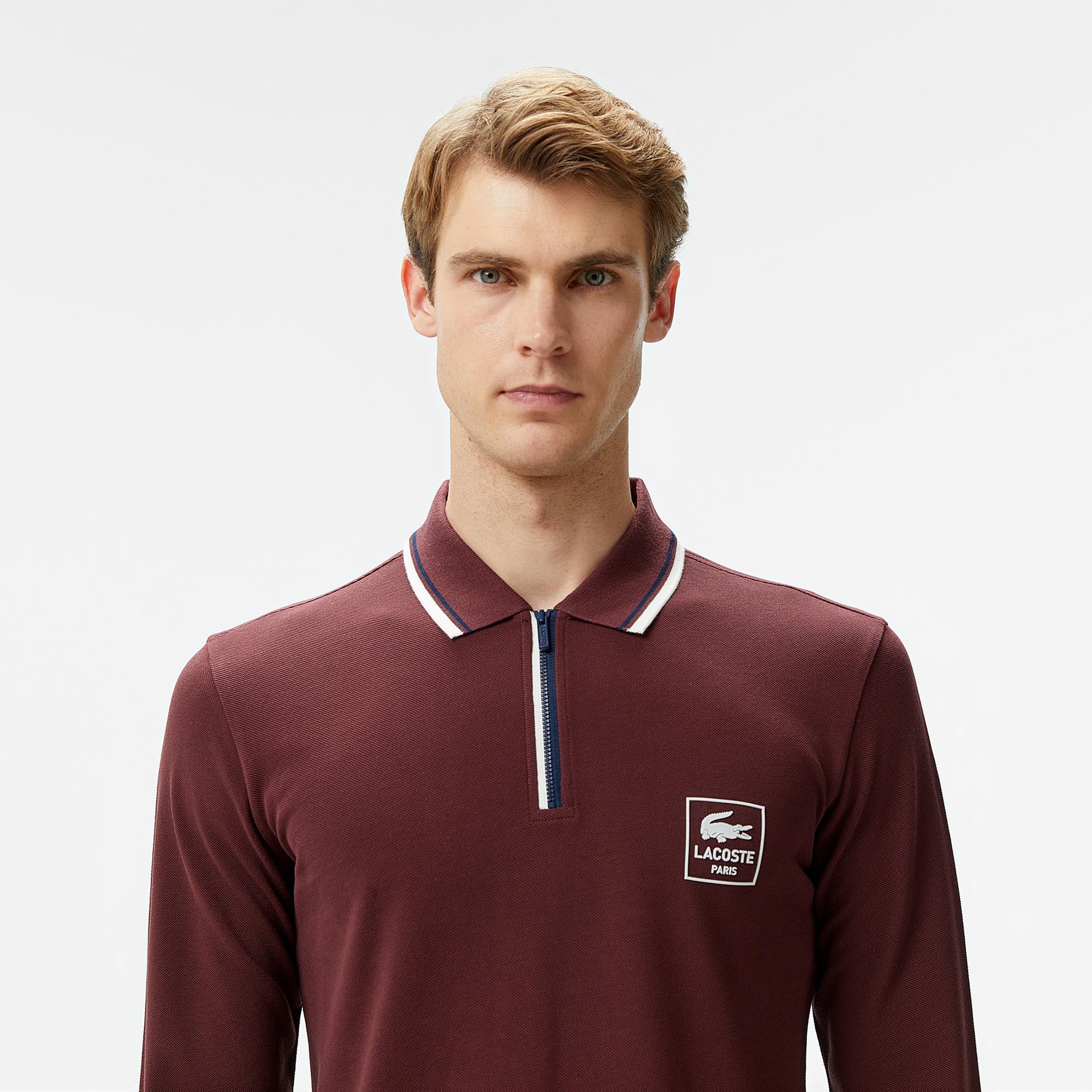 Erkek Regular Fit Uzun Kollu Yarım Fermuarlı Bordo Polo