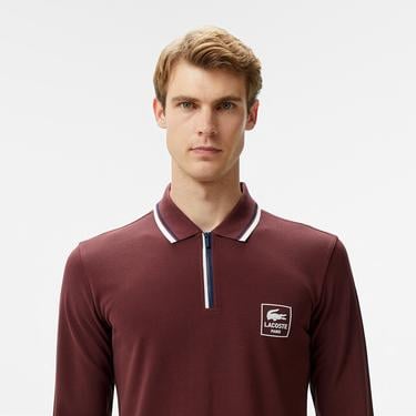 Erkek Regular Fit Uzun Kollu Yarım Fermuarlı Bordo Polo